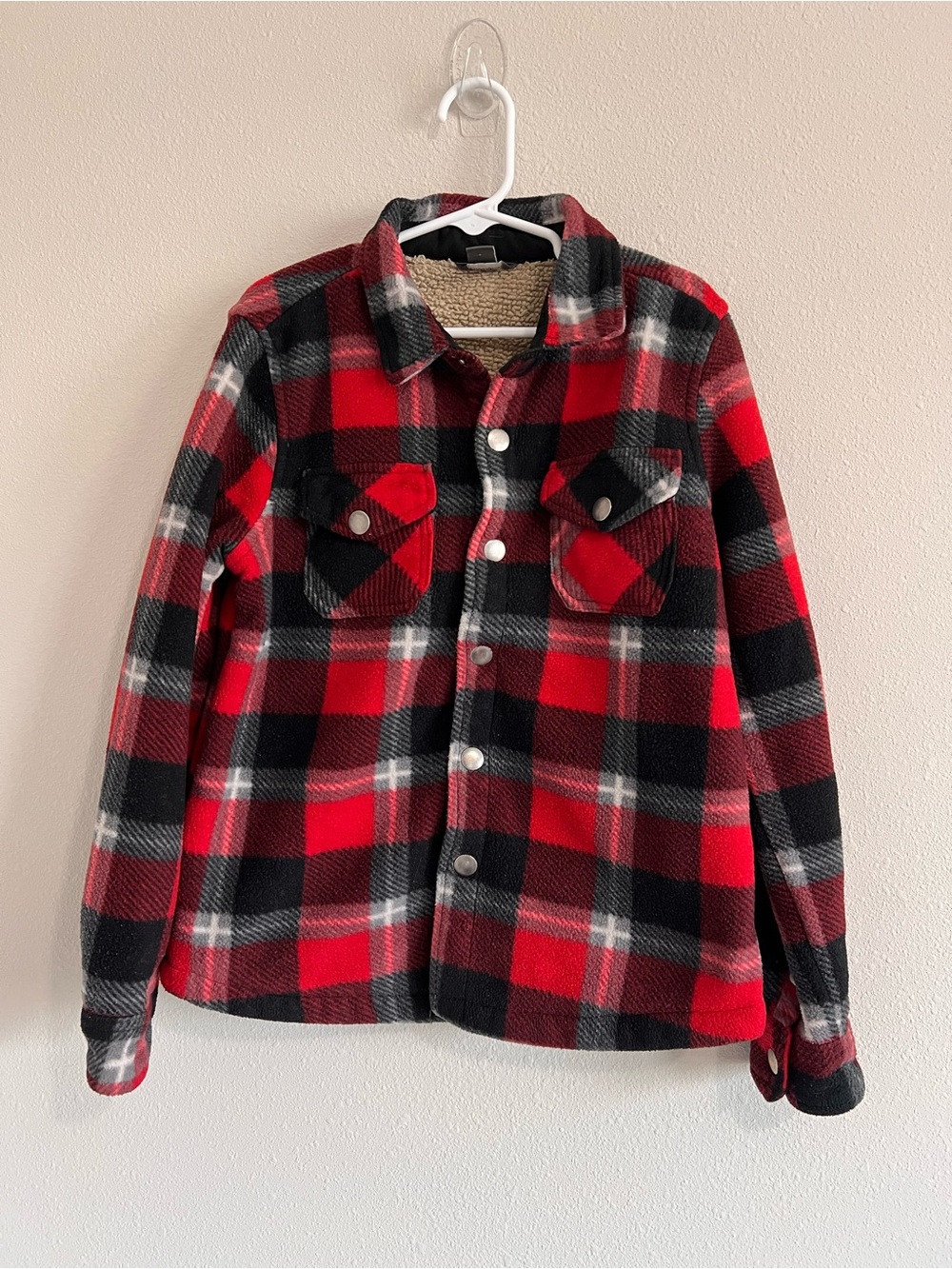 Eddie Bauer Red and Black Plaid Sherpa-Lined Button Shirt Jacket